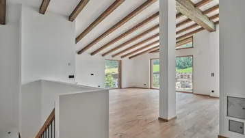 Geräumiger Wohnbereich mit hohen Decken, sichtbaren Holzbalken und weitem Blick ins Grüne.