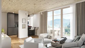 Heller offener Wohnbereich mit Holzboden, großen Fenstern und Seeblick.