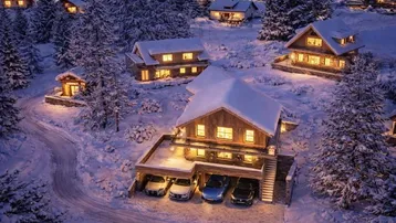 Winterliche Ansicht von mehreren Chalets in einer verschneiten Berglandschaft bei Abenddämmerung mit beleuchteten Fenstern und Garagen.