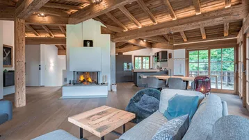 Gemütliches Wohnzimmer mit offenem Kamin, sichtbaren Holzbalken und Zugang zum Balkon.