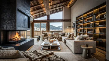 Geräumiges Wohnzimmer im Chalet-Stil mit Kamin, Holzbalken und Panoramablick auf die Berge.
