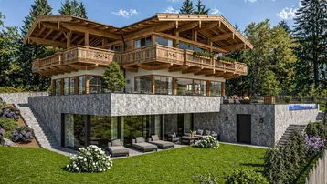 Luxuriöses Chalet mit weitläufigem Garten, gemütlicher Außenterrasse und Infinity-Pool.