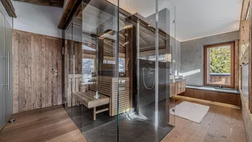 Luxuriöses Badezimmer mit verglaster Sauna, großer Dusche und Holzboden.