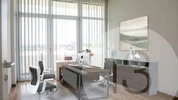 Modernes Einzelbüro mit großen Fenstern, vertikalen Jalousien und Holzboden, ideal für konzentriertes Arbeiten.