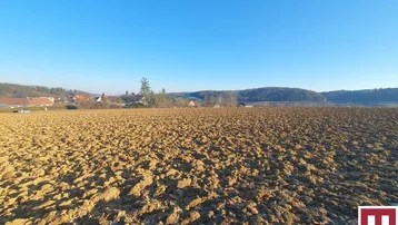 Weitläufiges, gepflügtes Feld unter strahlend blauem Himmel mit Häusern und Bäumen in der Ferne.