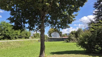 Grünes Grundstück mit einem Baum im Vordergrund und einem Haus in der Ferne unter blauem Himmel.