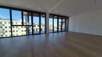 Helles, leeres Zimmer mit großen Glasfronten, Holzboden und Bergblick.