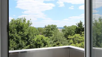 Balkon mit weitem Blick auf die grüne Landschaft und Bäume, gesehen durch eine Glastür.