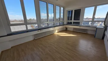 Heller, leerer Raum mit vielen Fenstern, Holzfußboden und Heizkörpern unter den Fensterbänken.
