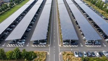 Luftaufnahme eines großen Parkplatzes mit zahlreichen überdachten Stellplätzen unter Solarmodulen.