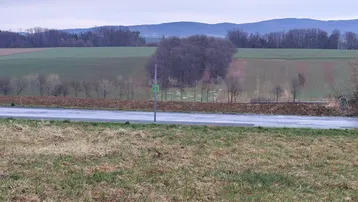 Weitläufige Landschaft mit Feldern, einer Straße und bewaldeten Hügeln im Hintergrund unter bewölktem Himmel.