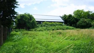 Ein Haus mit Satteldach, umgeben von üppiger Vegetation und einer weiten Wiese unter blauem Himmel.