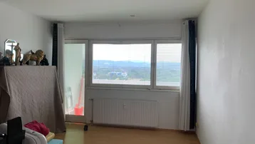 Helles Wohnzimmer mit Parkettboden, großen Fenstern und weitem Blick ins Grüne.