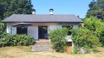 Weißes Einfamilienhaus mit dunklem Dach, Terrasse und umgebender Natur.