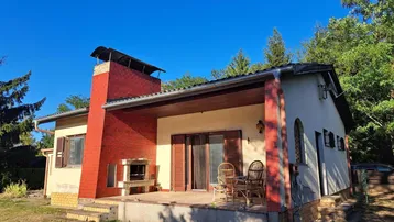 Hausfassade mit überdachter Terrasse, Außenkamin und Sitzgelegenheiten im Freien unter blauem Himmel.