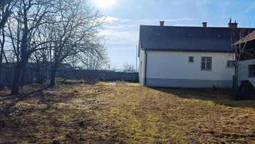 Großer Gartenbereich hinter dem Haus mit Rasenfläche und Bäumen.