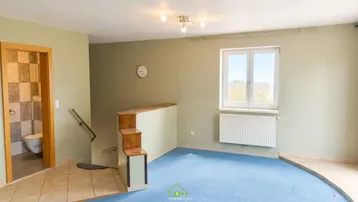 Heller Wohnbereich mit blauem Teppichboden, Treppe und Fenster mit Weitblick.