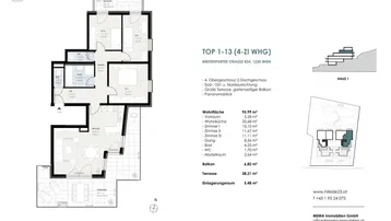 Detaillierter Grundriss einer 4-Zimmer-Wohnung mit großzügiger Terrasse und Balkon.