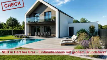 Modernes Einfamilienhaus mit Pool, großer Terrasse und gepflegtem Garten. Die zeitgenössische Architektur fügt sich harmonisch in die grüne Umgebung ein.