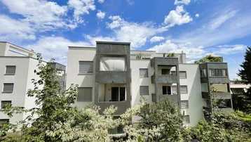 Blick auf ein modernes Mehrfamilienhaus mit viel Grün und Bäumen im Vordergrund.