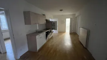 Kleine Einbauküche mit Spüle und Geschirrspüler in einem offenen Bereich mit Parkettboden.