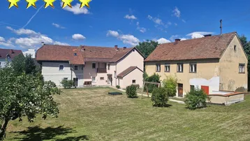 Weitläufiger Gartenbereich mit Rasenfläche, Obstbaum und Schaukel vor den Gebäuden.