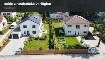 Luftaufnahme zweier moderner Einfamilienhäuser mit gepflegten Gärten und Solaranlage auf dem Dach.