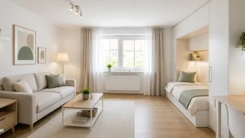 Helles Studio-Apartment mit modernem Design, Schlafbereich und Wohnbereich mit Sofa.
