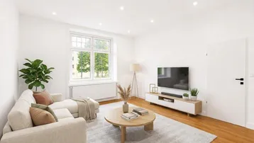 Helles Wohnzimmer mit Holzboden, großen Fenstern und moderner Einrichtung, ideal zum Entspannen.