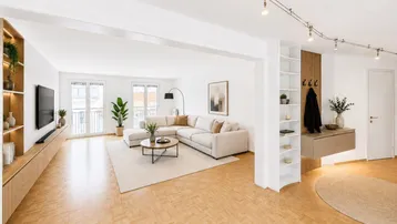 Helles, modern eingerichtetes Wohnzimmer mit Parkettboden und Zugang zu französischen Balkonen.