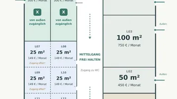 Grundrissplan der Lagerflächen in Jennersdorf mit verschiedenen Mieteinheiten und Größenangaben für gewerbliche Nutzung.