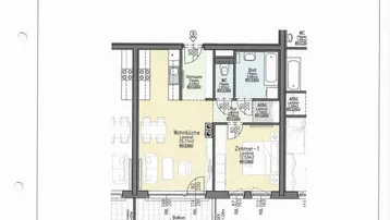 Detaillierter Grundriss einer Wohnung mit offener Wohnküche, Schlafzimmer und Balkon.