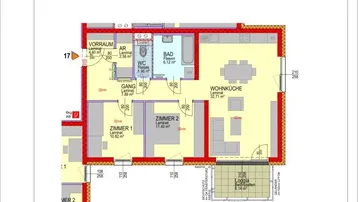 Detaillierter Grundriss einer Wohnung im Obergeschoss mit Wohnküche, zwei Zimmern und Loggia.
