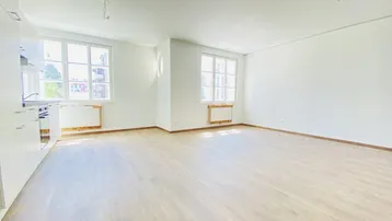 Heller, offener Wohnbereich mit integrierter Küchenzeile, Laminatboden und großen Fenstern.