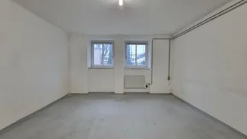 Leerer Kellerraum mit Betonboden, weißen Wänden, zwei kleinen Fenstern und sichtbaren Rohrleitungen.