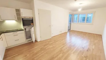 Heller Wohnraum mit Parkettboden, integrierter Küchenzeile und Zugang zum Balkon.