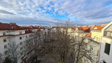Stadtansicht mit Dächern und Bäumen unter einem bewölkten Himmel.