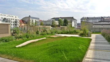 Grüne Außenanlage mit Rasenfläche, Sandkasten und Gehwegen innerhalb der modernen Wohnanlage.