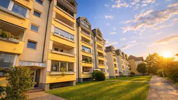 Mehrere Wohngebäude mit gelber Fassade, Balkonen und gepflegten Grünflächen bei Sonnenuntergang.