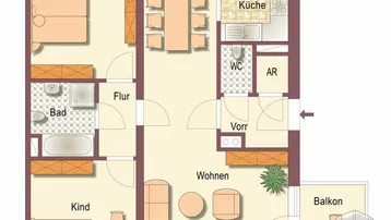 Grundriss einer Wohnung mit offenem Wohn-Essbereich, zwei Schlafzimmern und Balkon.