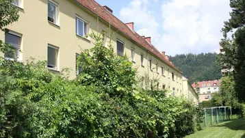Die Rückseite der Wohngebäude mit üppiger Vegetation und einem Blick auf bewaldete Hügel im Hintergrund.