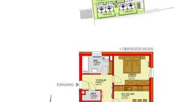 Grundrissplan einer Obergeschosswohnung mit offenem Wohnbereich, Balkon und Loggia.