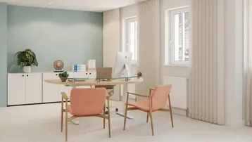 Modernes Büro mit hellem Boden, großen Fenstern und einem eleganten Schreibtisch in Pastelltönen für eine angenehme Arbeitsatmosphäre.