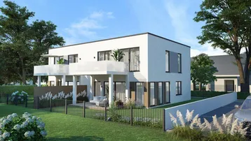 Moderne Doppelhaushälfte mit weißer Fassade, Balkonen und Terrassen in grüner Umgebung.
