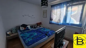 Schlafzimmer mit Doppelbett, Holzboden und einem Fenster mit blauen Vorhängen.