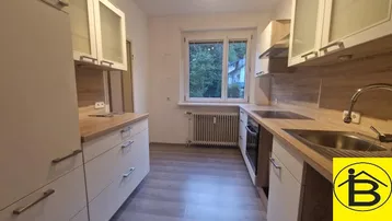 Helle Küche mit weißen Schränken, Holz-Arbeitsplatten und Blick ins Grüne.