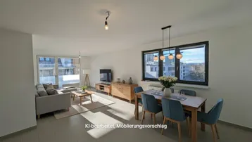 Helles, offenes Wohn- und Esszimmer mit modernen Möbeln und Blick auf die Stadt.