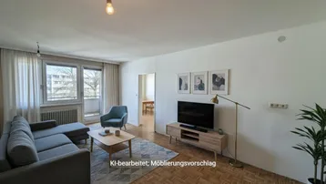 Helles Wohnzimmer mit Parkettboden, Balkonzugang und modernem Möbelvorschlag.