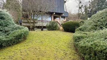 Modernes Haus mit dunkler Holzfassade, umgeben von einem gepflegten Garten und Bäumen.