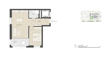 Übersichtlicher Grundriss einer Wohnung mit offenem Wohnbereich, einem Schlafzimmer und Loggia.